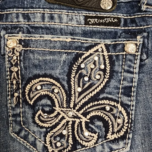 Miss Me Blue Boot Cut Jeans with Fleur-de-Lis Pockets - Picture 3 of 6